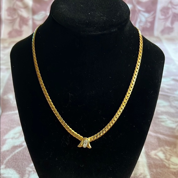 Jewelry - Vintage Gold-Tone Herringbone Chain Necklace with Rhinestone Accent 14 inch
